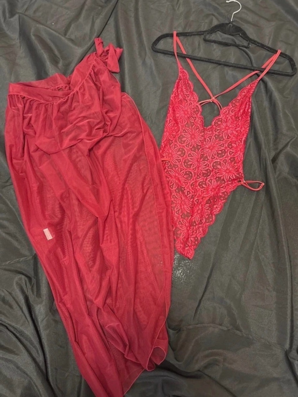 Source Unknown Red Lace Teddy with Sheer Maxi Skirt